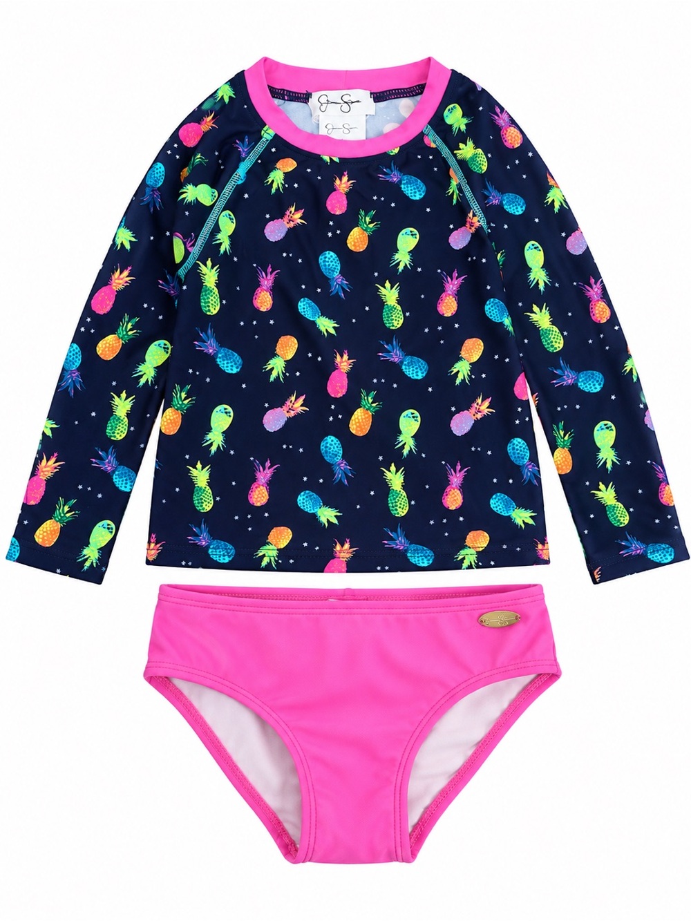 Jessica Simpson Navy Pineapple Print Rashguard Set with Bright Pink Bottoms